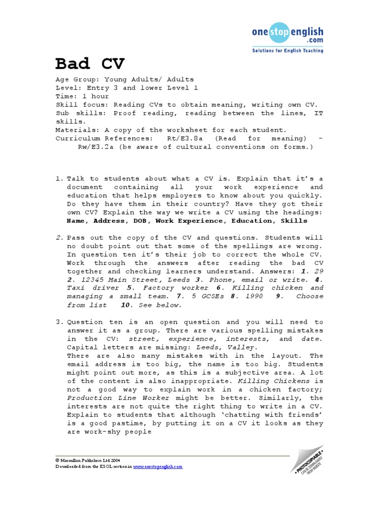 Bad CV: © Macmillan Publishers LTD 2004 Downloaded From The ESOL ...