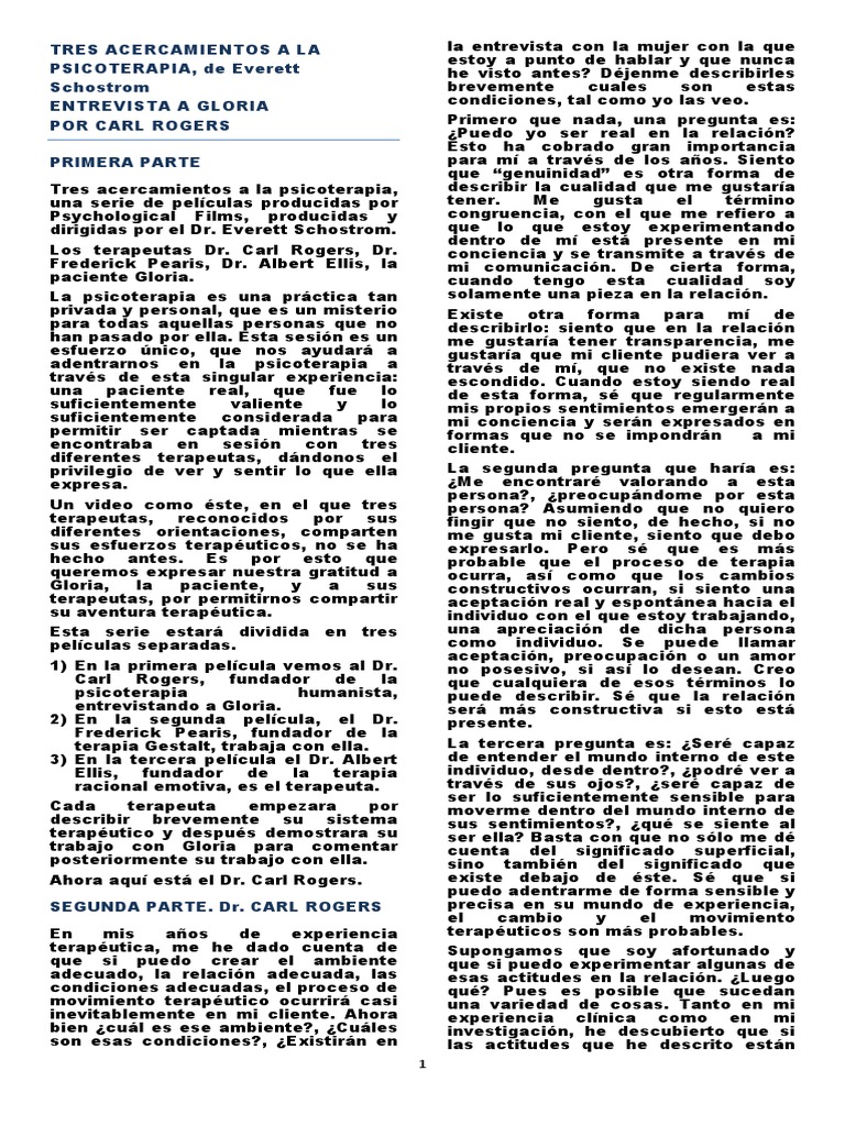 Entrevista A Gloria Por Carl Rogers PDF Psicoterapia Verdad