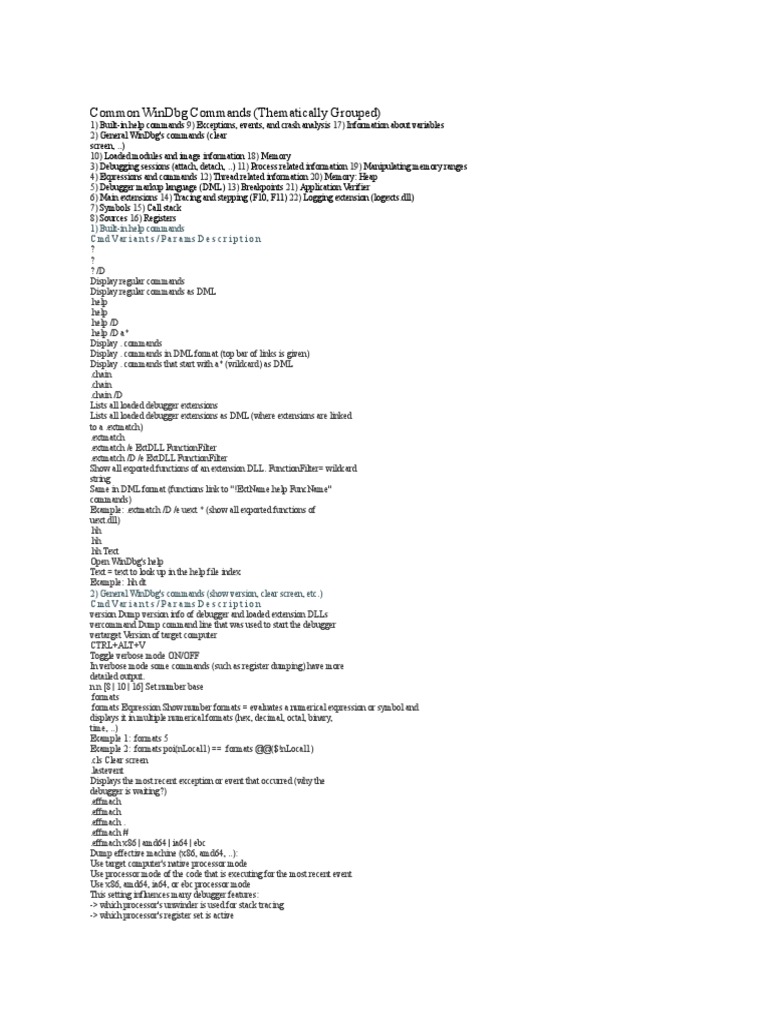 Common Windbg Commands (Thematically Grouped) 1) BuiltIn Help Commands Cmdvariants