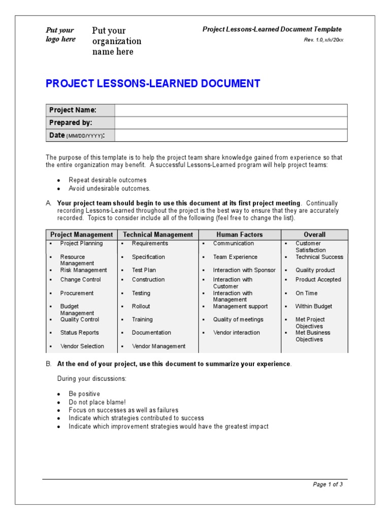 Lessons learned document template pdf project management