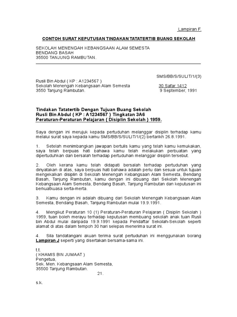 Contoh Surat Keputusan Tindakan Tatatertib B Sekolah Pdf