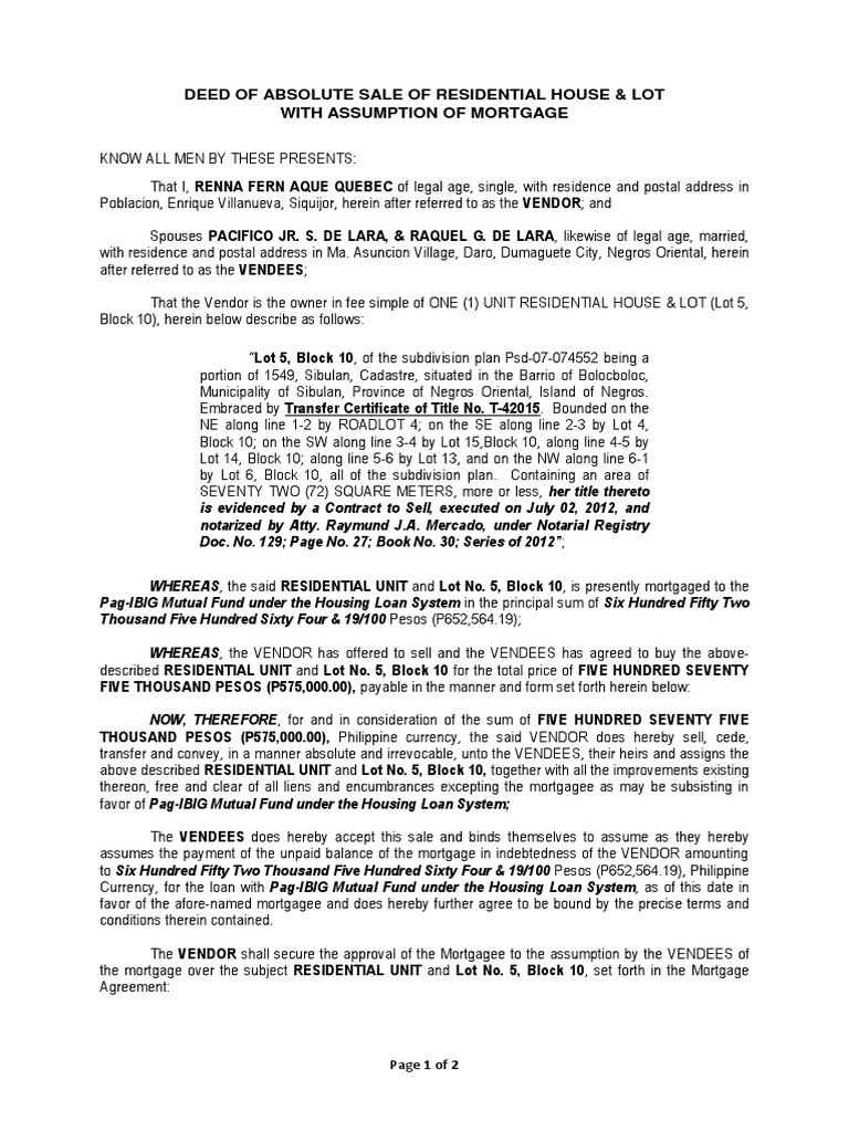 Deed of Absolute Sale With Assumption of MortgageDelaraAque