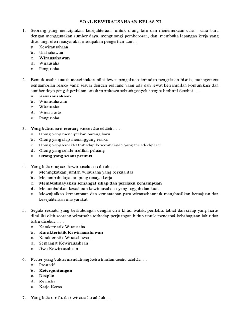 Soal Kewirausahaan Kelas Xi