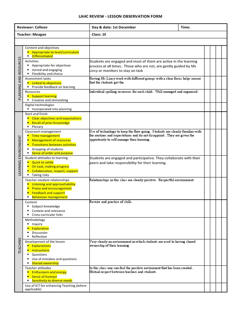 Lesson Observation Review for 1E Class | PDF | Educational Assessment ...