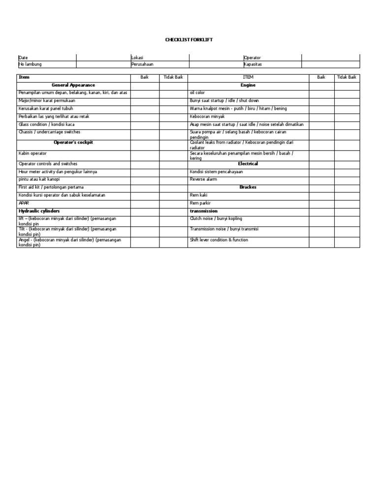 Checklist Forklift Harian dan Inspeksi | PDF