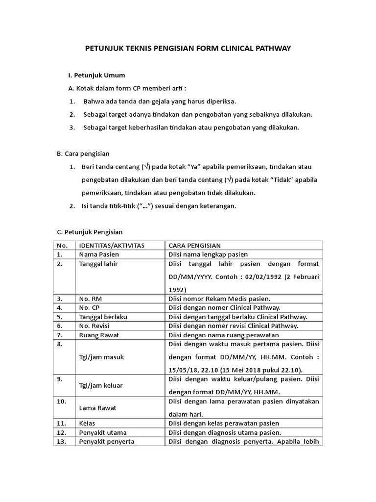 Petunjuk Pengisian Form Clinical Pathway | PDF