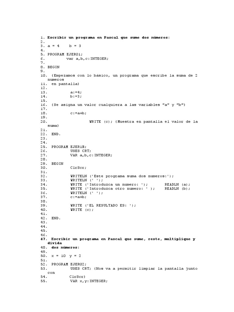 Programa Pascal para Sumar Números | PDF | Informática y tecnología de ...