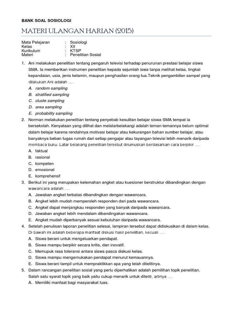Soal Sosiologi Kelas 12 Kurikulum 2013 Nasi