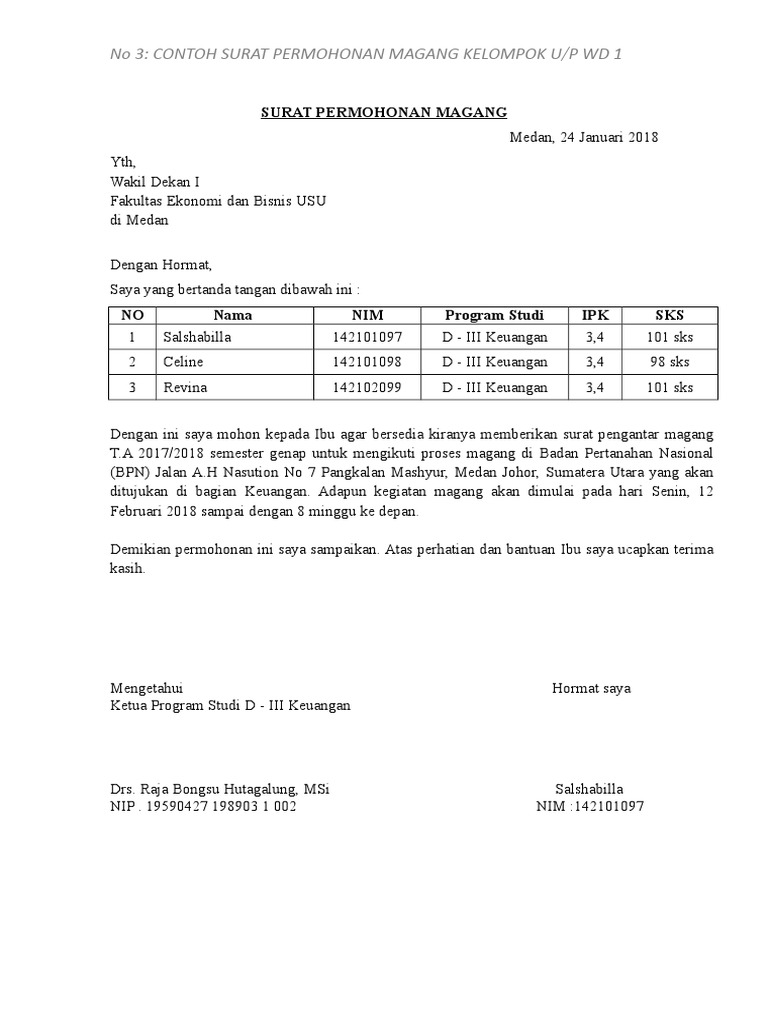 Contoh Surat Permohonan Magang Kelompok Up Wd 1