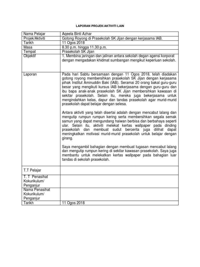 Laporan Aktiviti Kokurikulum Gotong Royong Preschool Pdf