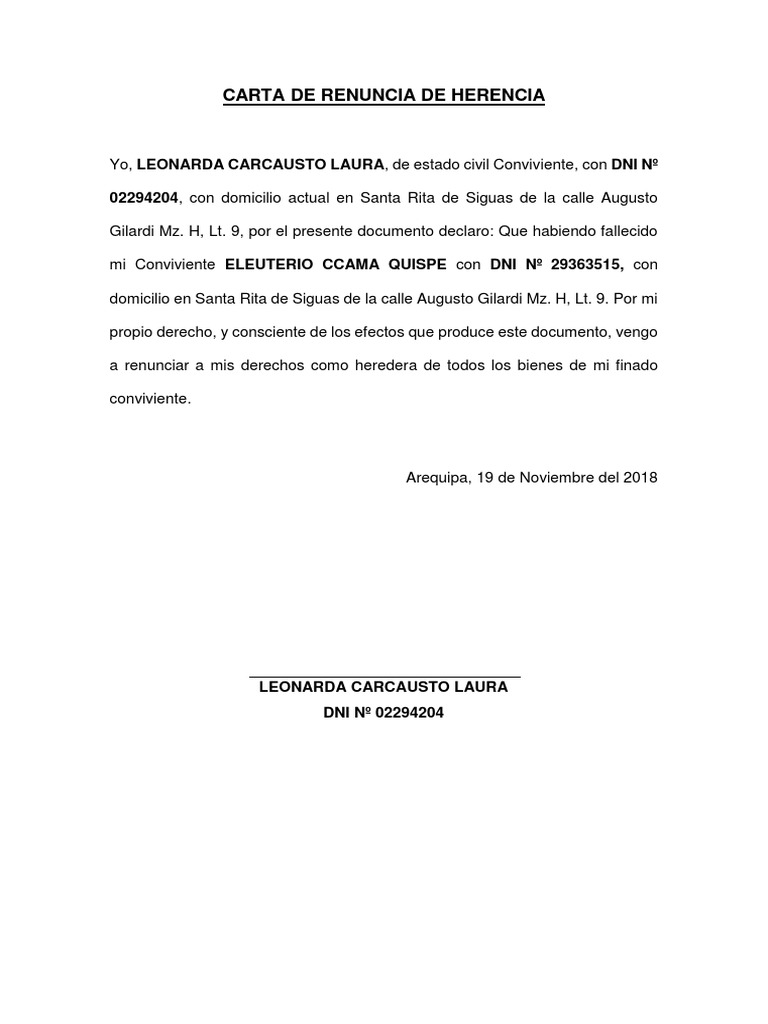 Carta de Renuncia de Herencia PDF
