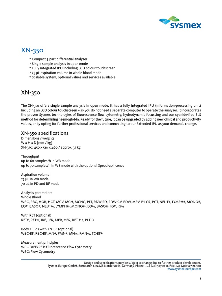 Sysmex XN 350 PDF Cytometry Flow Cytometry