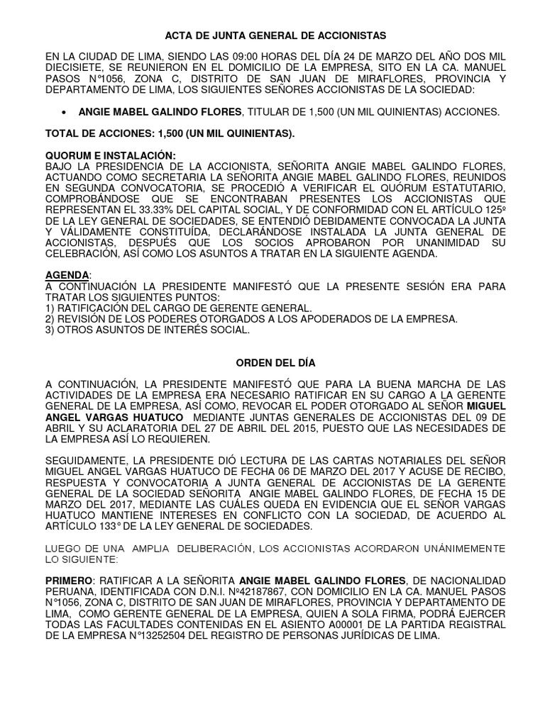 Modelo de Junta General Accionistas | PDF