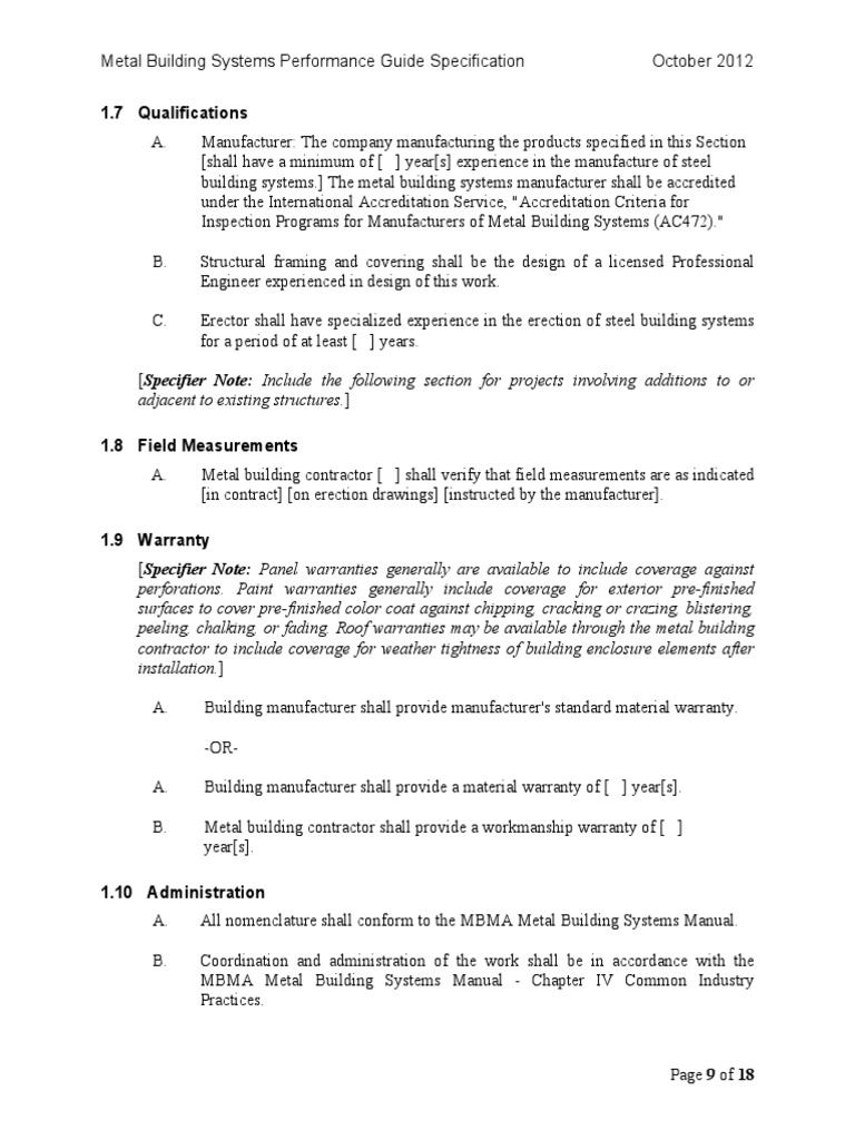 Metal Building Systems Performance Guide Specification Specifying