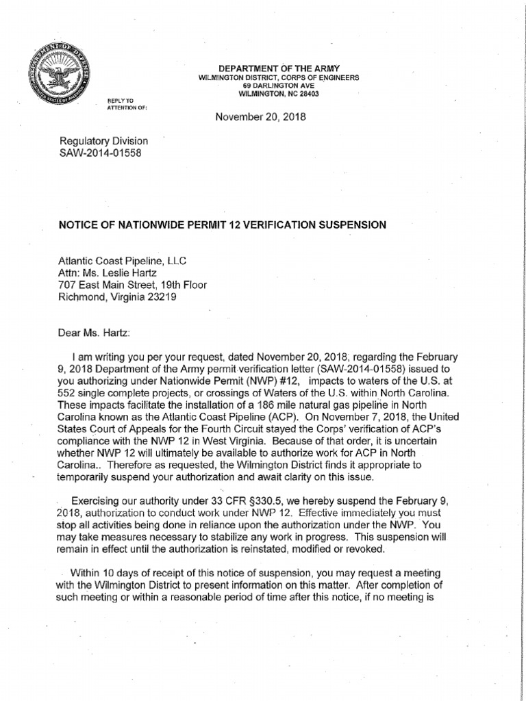 US Army Corps of Engineers Signed Suspension Letter