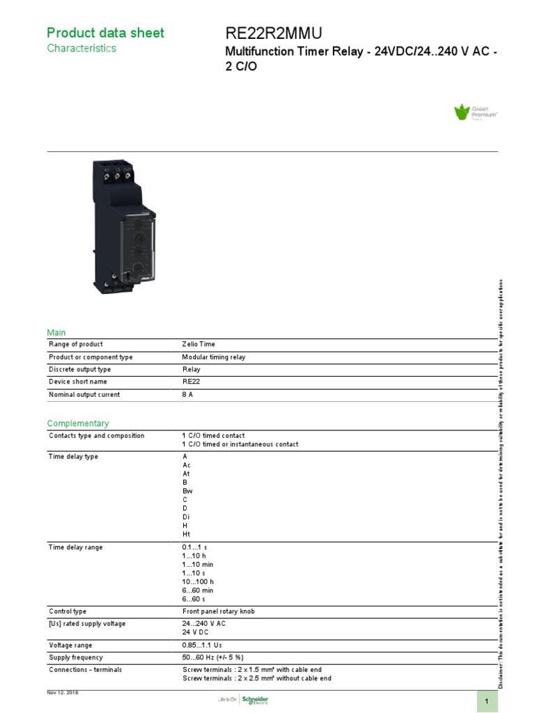 Zelio Timer Relays RE22R2MMU PDF PDF Relay International