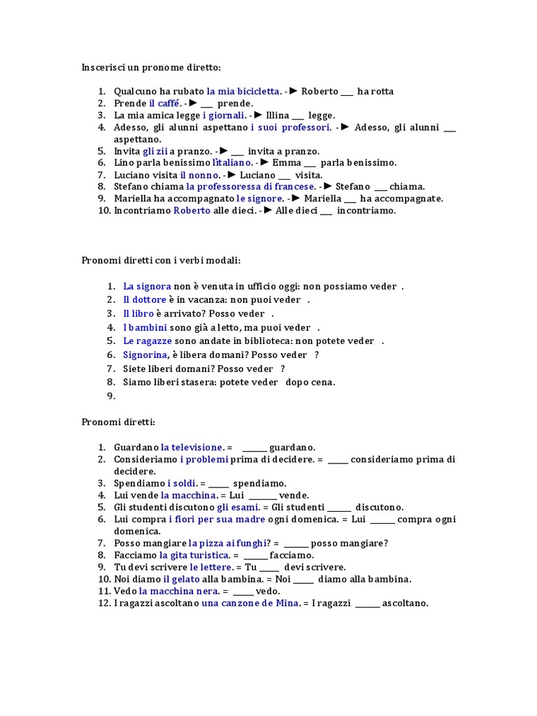 Pronomi Diretti E Indiretti Esercizi Pdf