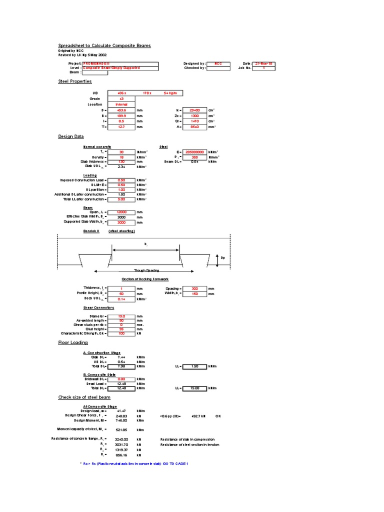 Composite Beam Design Spreadsheet to Calculate Properties and Check Design of a Simply