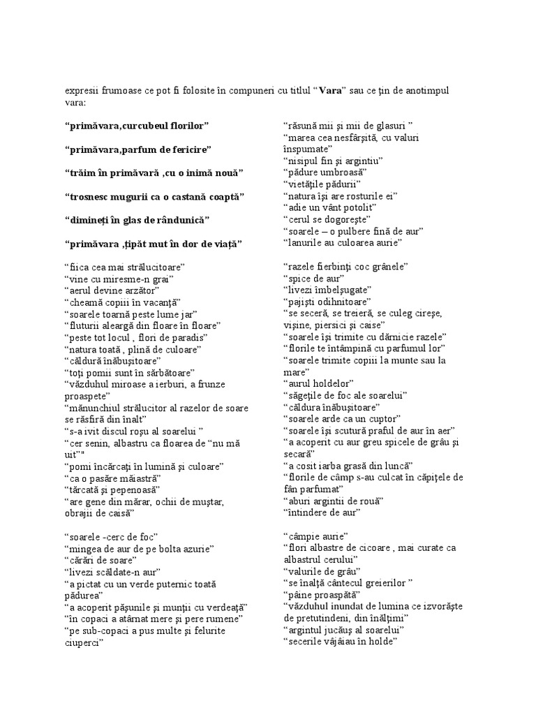 Expresii Frumoase Ce Pot Fi Folosite In Compuneri Cu Titlul