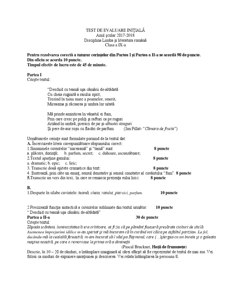 Test Initial Clasa A IX A Limba Romana | PDF