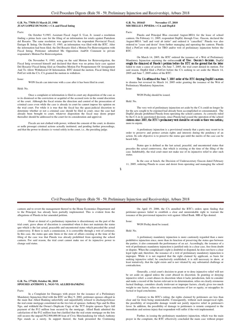 Rule 58 59 Preliminary Injunction and Receivership Case Digest PDF