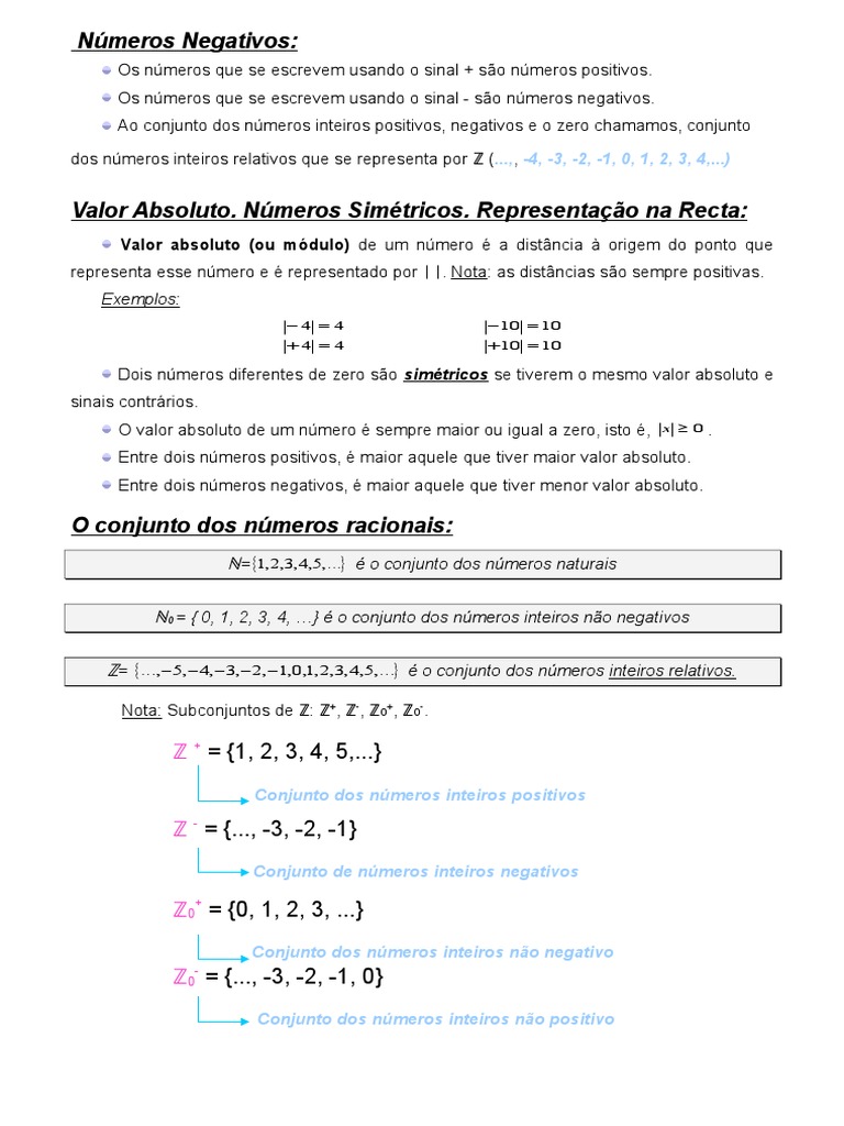 Números Inteiros e Racionais imprimível 7ª série planilhas