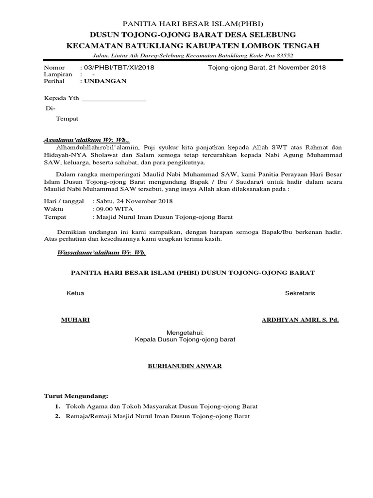 Surat Undangan Maulid Nabi 2018