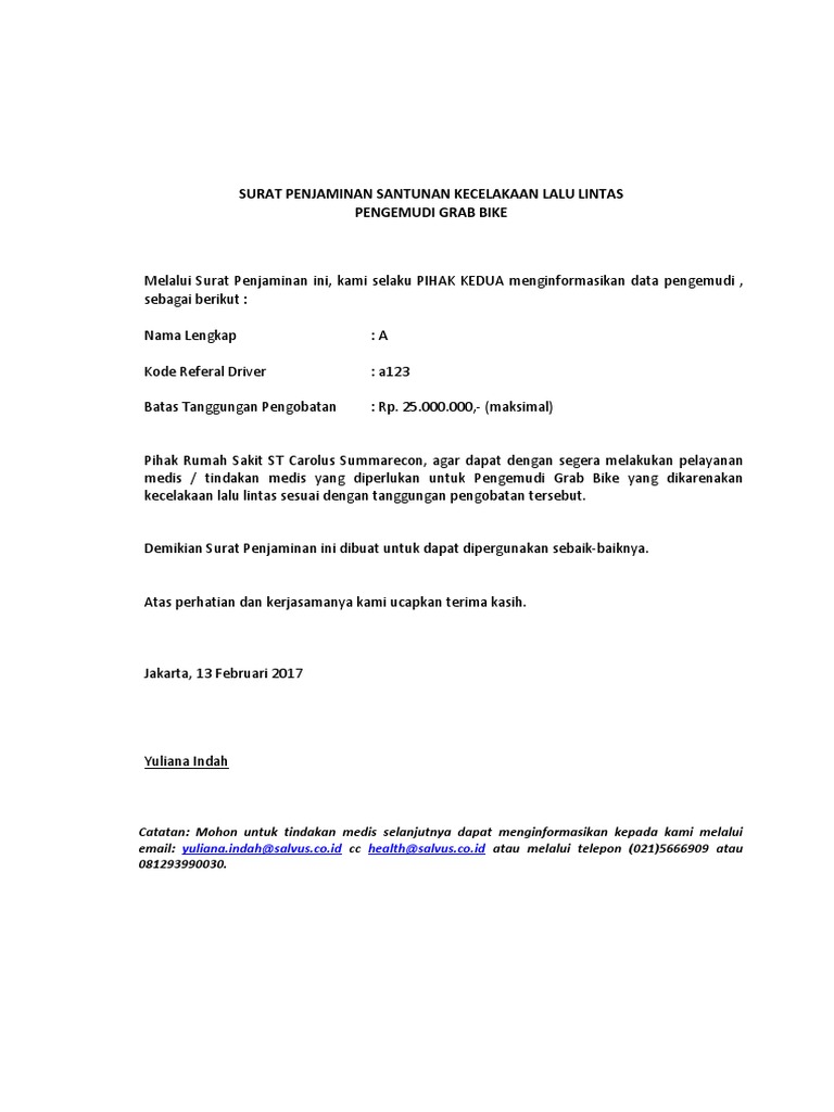 Contoh Surat Jaminan Kecelakaan Lalu Lintas Grab Bike