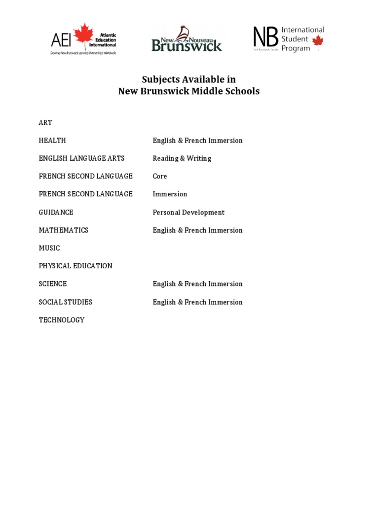 New Brunswick Middle School Subjects | PDF | Language Arts & Discipline