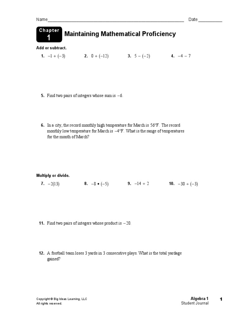 Alg1 01 Student Journal PDF Equations Algebra