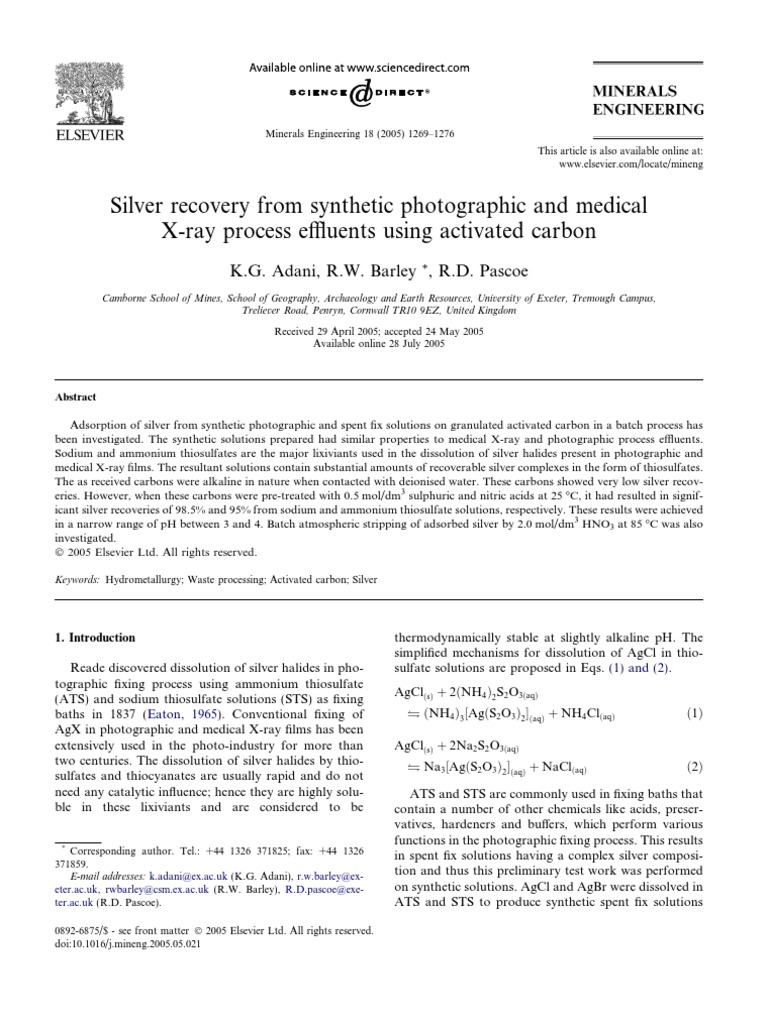 Silver Recovery From Synthetic Photographic and Medical X Ray Process Effluents PDF Silver Ph