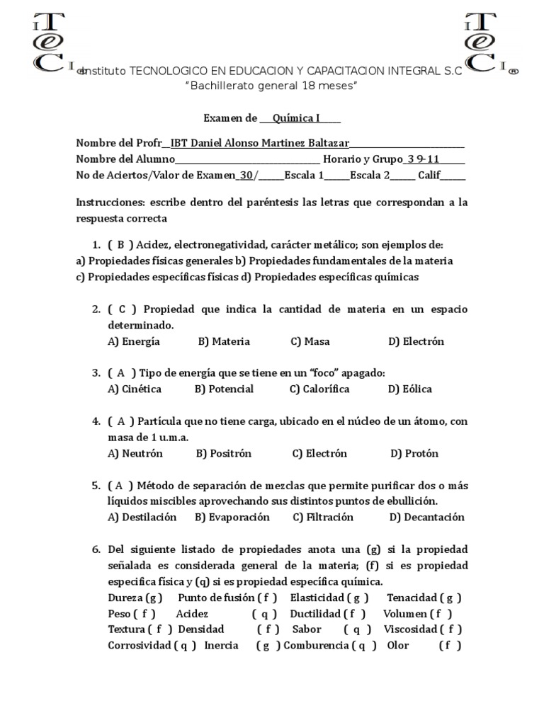 Examen Quimica Con Respuestas Rieles Valencia (Química