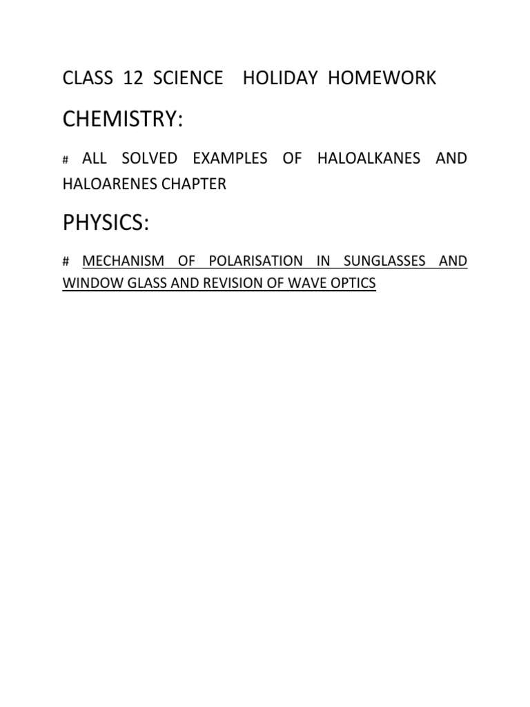 Class 12 Science Holiday Homework PDF