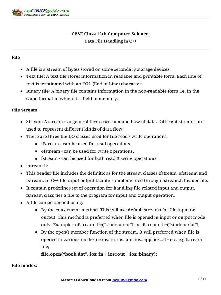 CBSE Class 12th Computer Science: Data File Handling in C++ | PDF ...