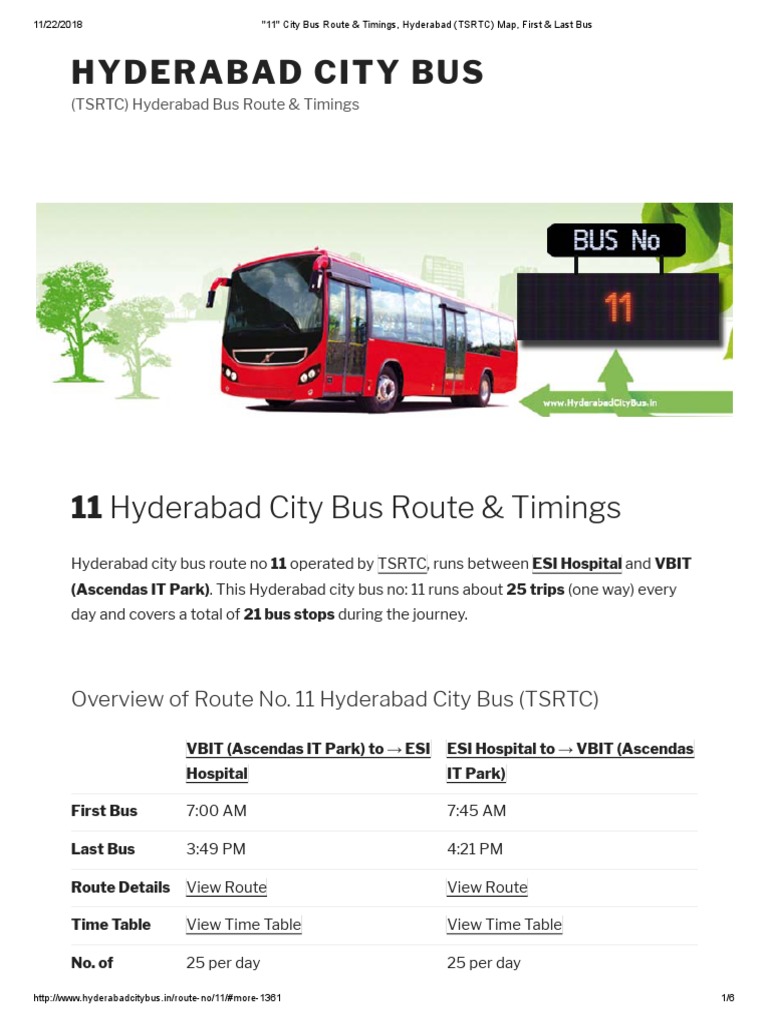 11 - City Bus Route & Timings, Hyderabad (TSRTC) Map, First & Last Bus |  PDF | Bus | Public Services
