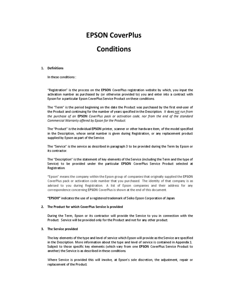 Epson CoverPlus Conditions Defining Key Terms and Scope of the