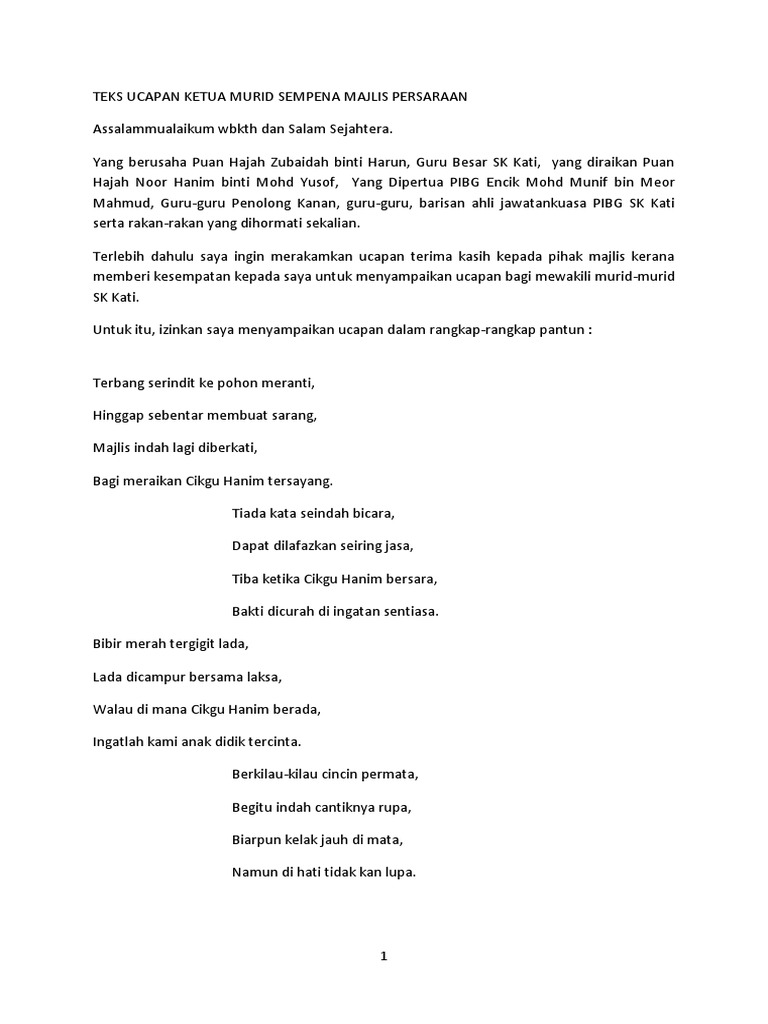 Teks Ucapan Ketua Murid Sempena Majlis Persaraan Pdf