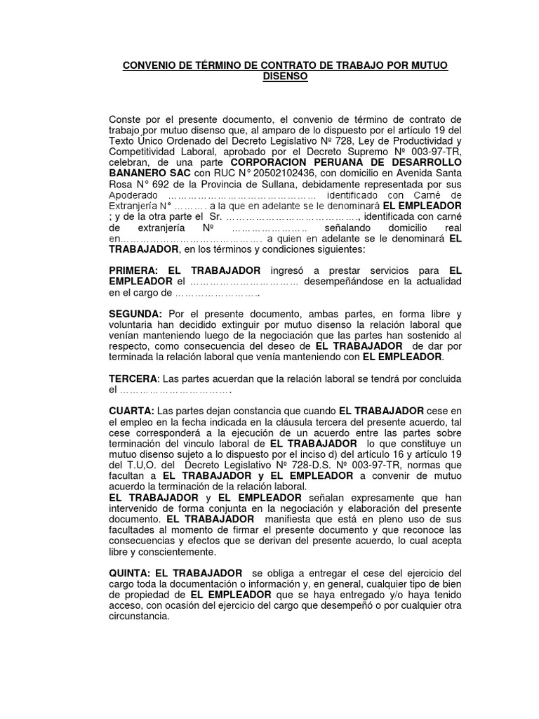 MODELO CONVENIO DE TÉRMINO DE CONTRATO DE TRABAJO POR