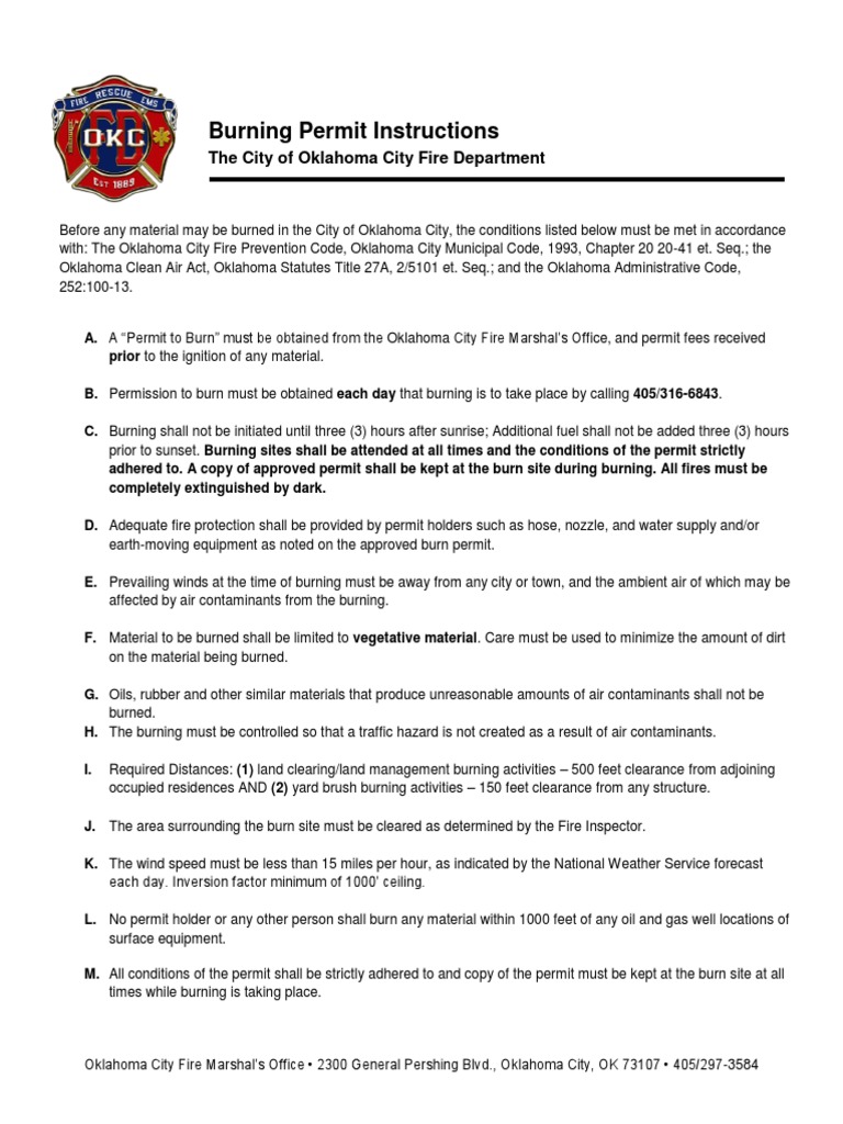 Burn Permit Instructions PDF Fires Oklahoma City