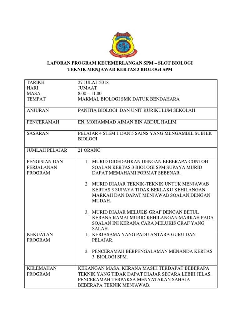 Laporan Program Kecemerlangan Spm Bio 2018