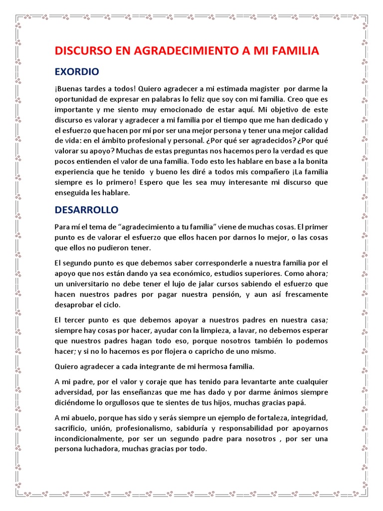 Discurso en Agradecimiento A Mi Familia