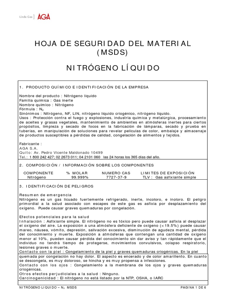 MSDS N2 | PDF | Oxígeno | Nitrógeno