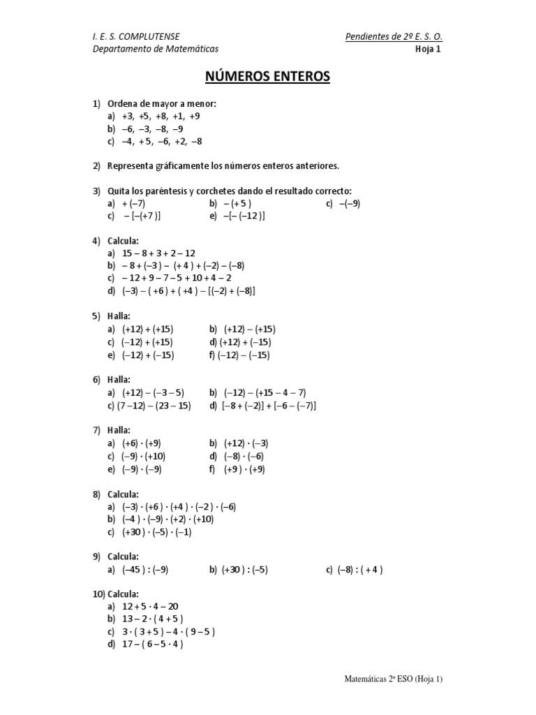 Ejercicios de Operaciones Con Numeros Enteros | PDF | Entero ...