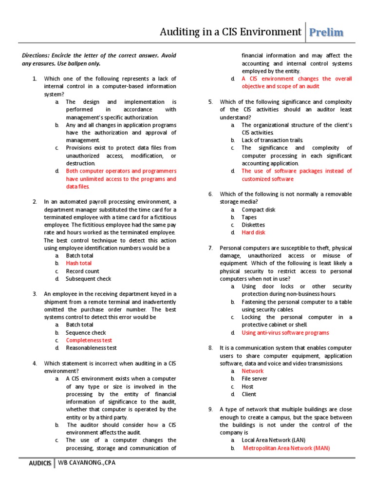 Auditing CIS Environment Prelim Exam | PDF | Computer Network ...