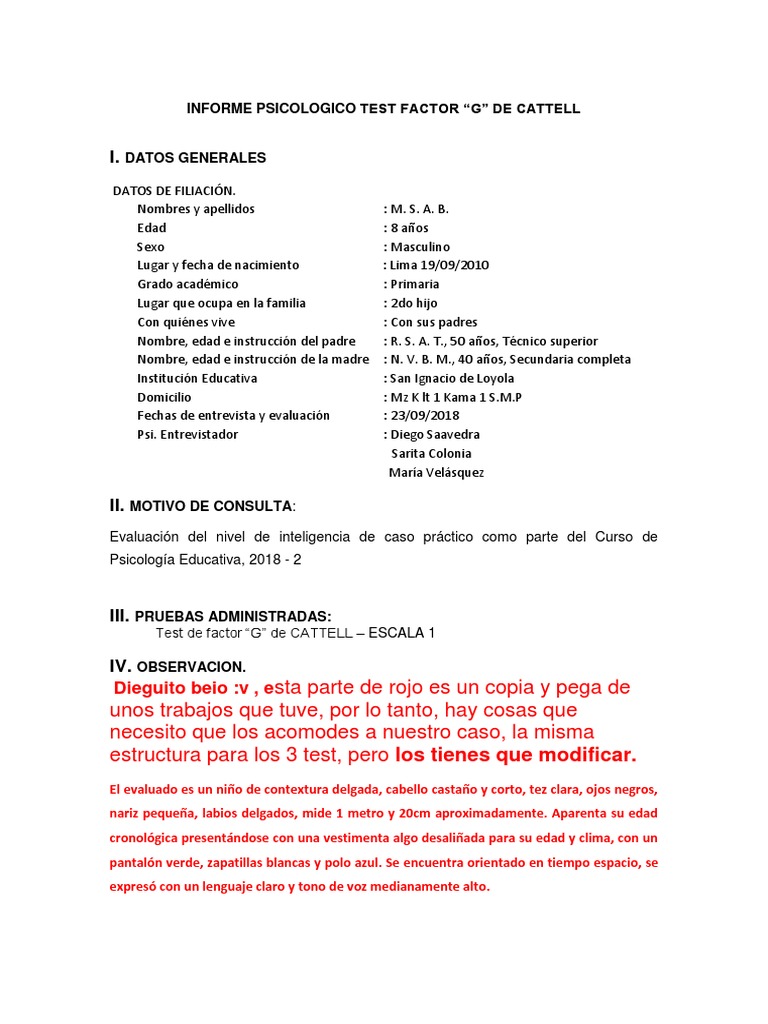 Informe Psicológico: Test Cattell y Eysenck | PDF | Cociente de ...