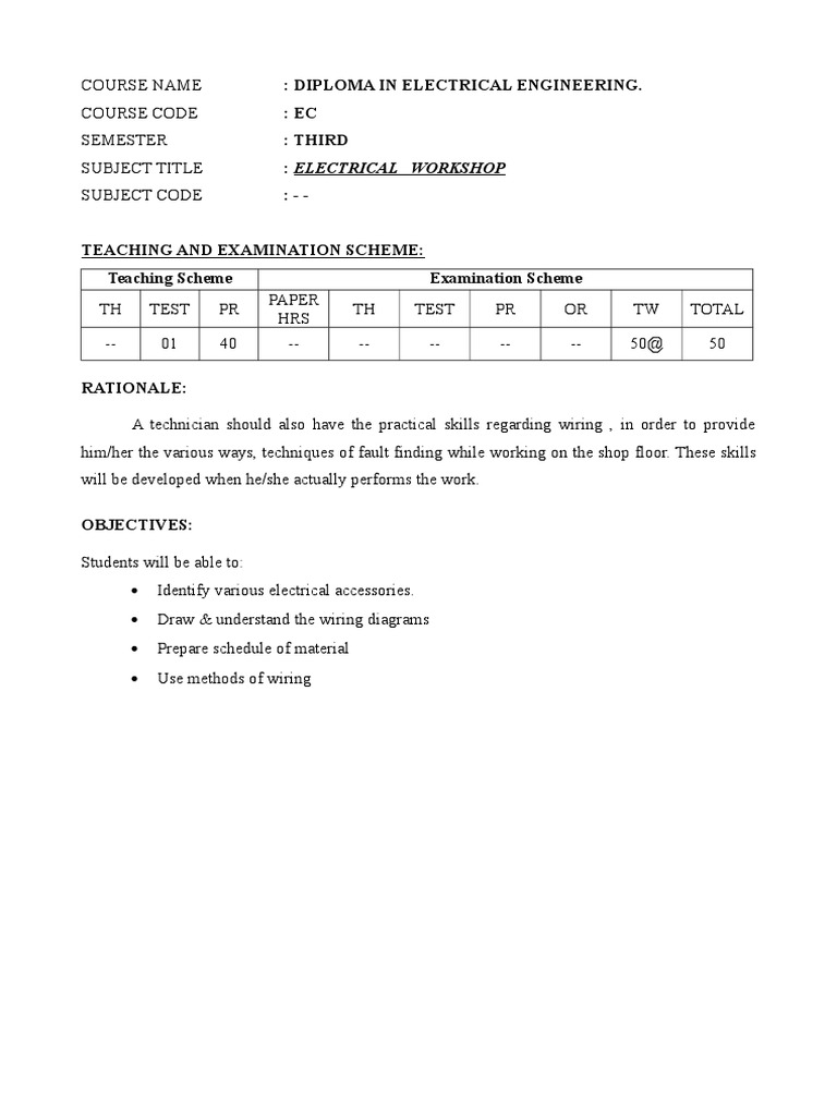 Diploma in Electrical Engineering.: Ec: Third: Electrical Workshop ...