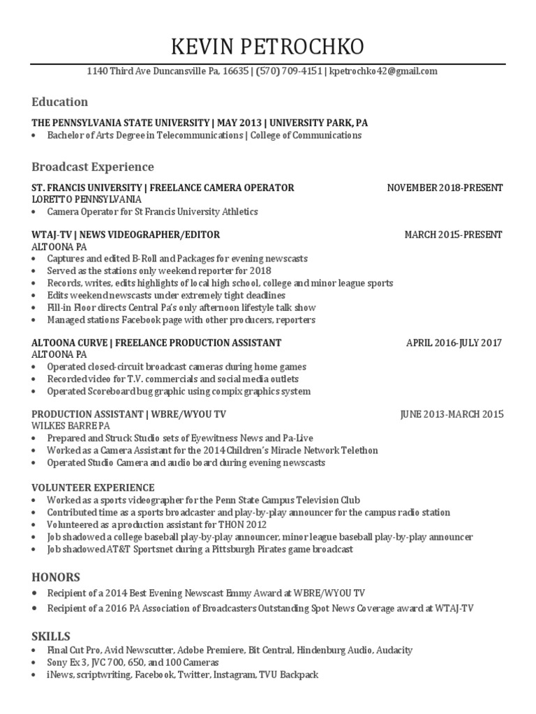 Kevin Petrochko: Broadcast Resume | PDF | News Broadcasting | Media Formats