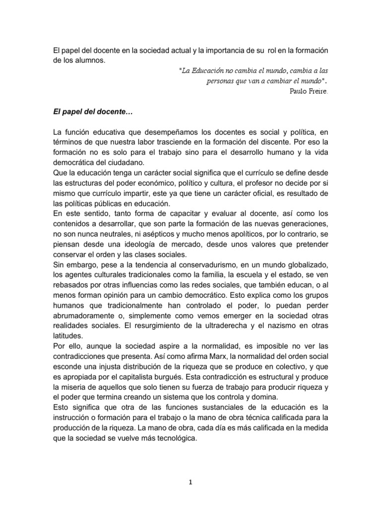 Rol del docente en la sociedad actual | PDF | Ideologías | Maestros