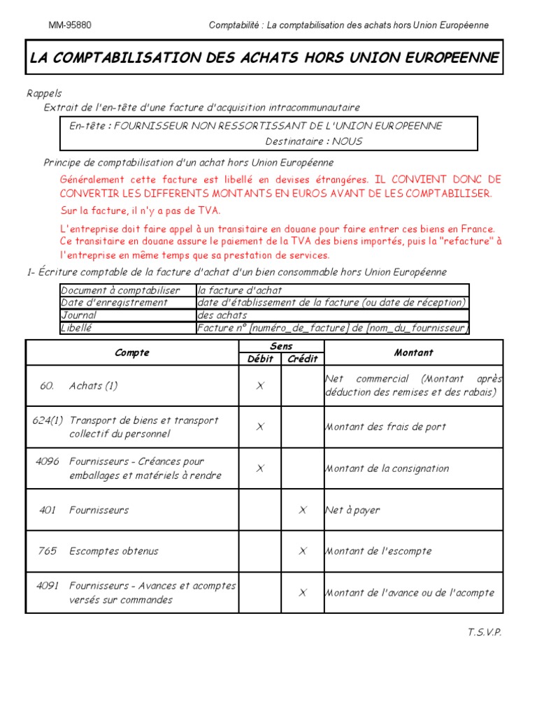 La Comptabilisation Des Factures D Achat Hors Union Europenne Facture Services Economie