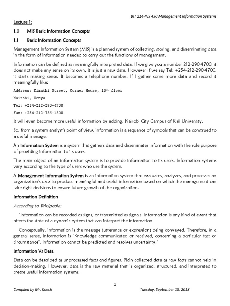 Lecture 1 Basic Information Concepts | PDF | Information System ...
